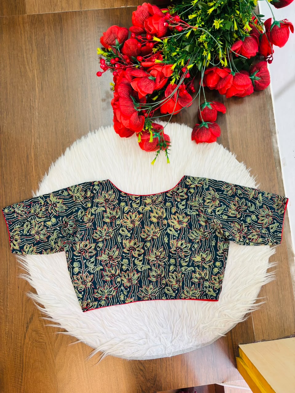 Divine Desire Ajrakh Printed Kantha Embroidered Cotton Blouse
