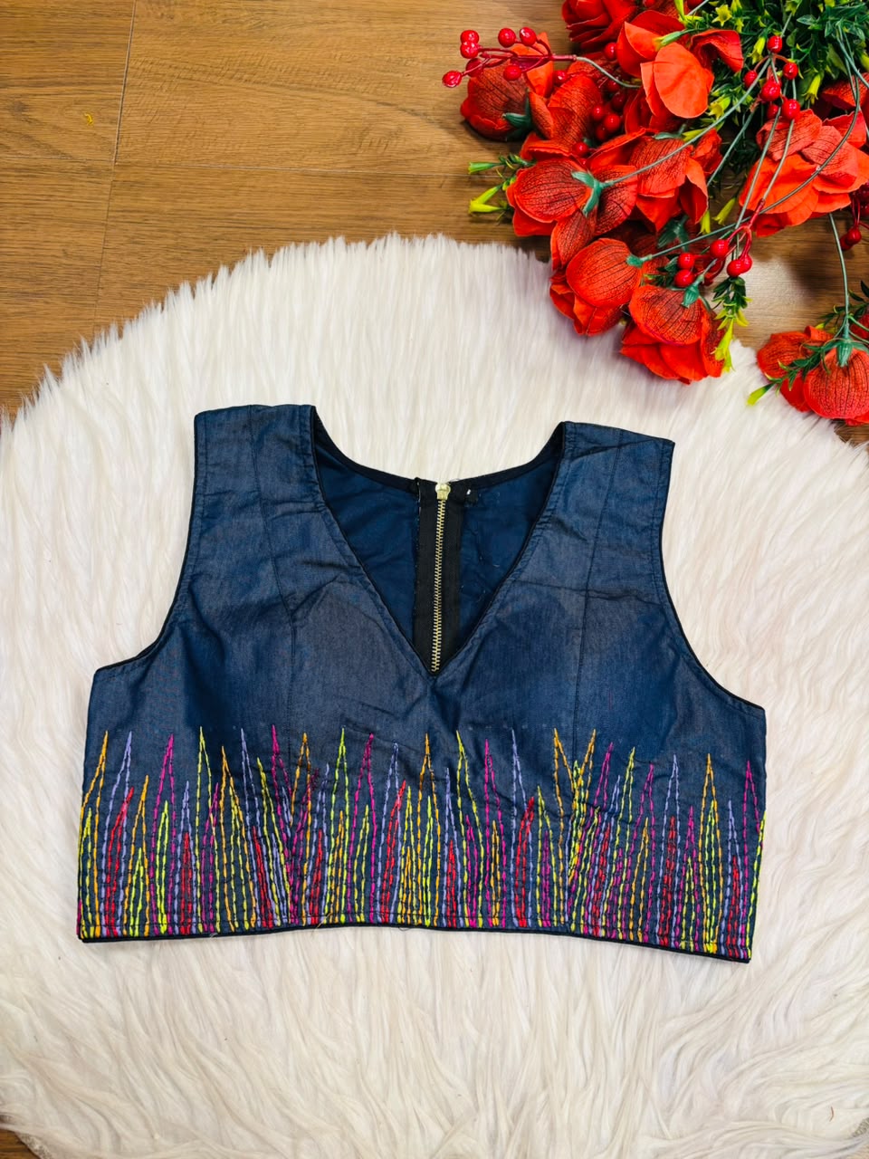 Sizzling Glam Denim Embroidered Blouse With Chain