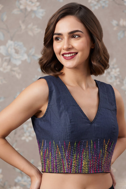 Sizzling Glam Denim Embroidered Blouse With Chain