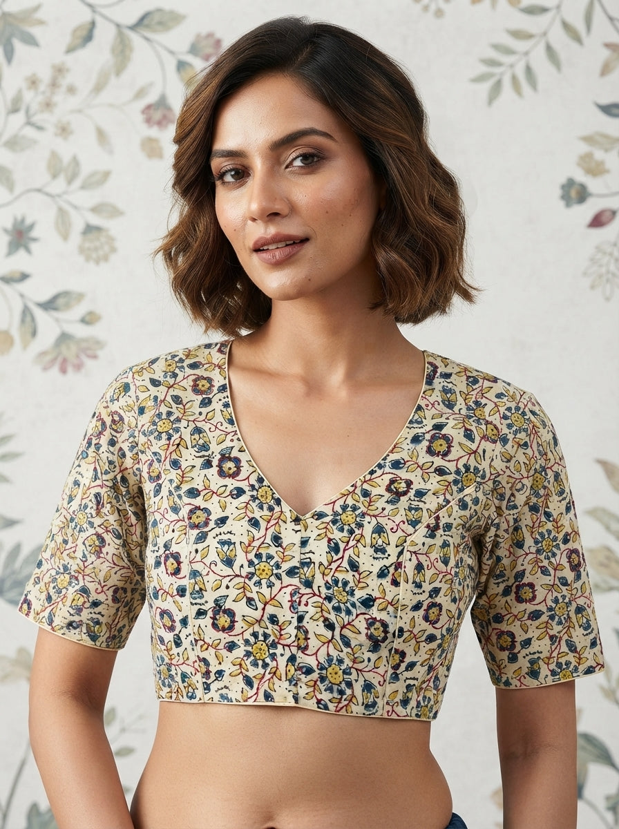 Divine Desire Ajrakh Printed Kantha Embroidered Cotton Blouse