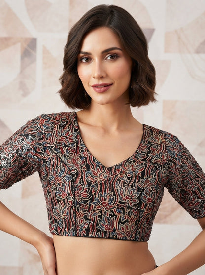 Divine Desire Ajrakh Printed Kantha Embroidered Cotton Blouse