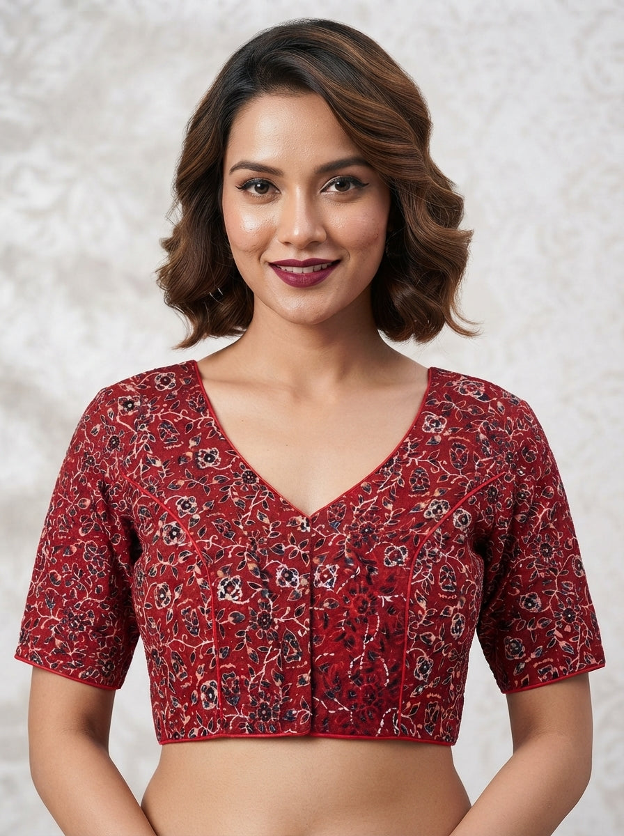 Divine Desire Ajrakh Printed Kantha Embroidered Cotton Blouse