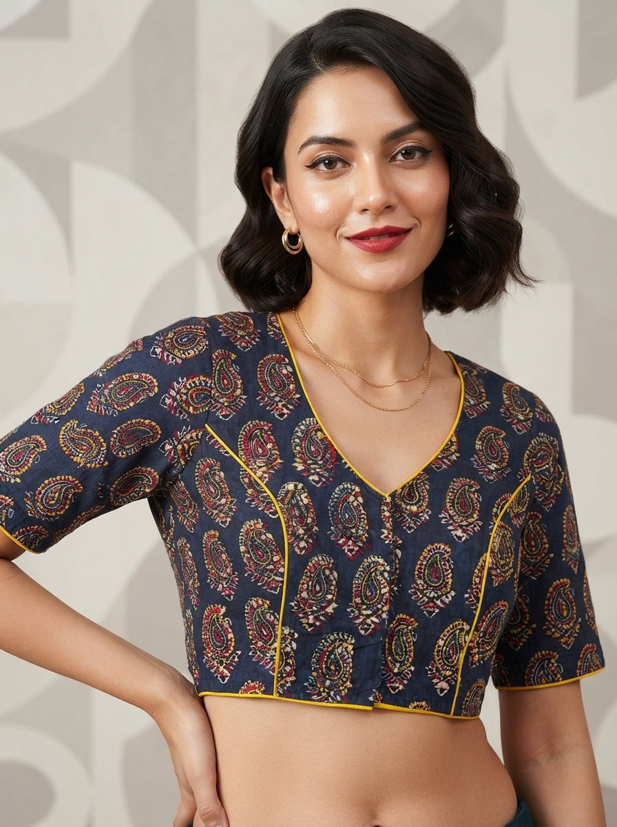 Divine Desire Ajrakh Printed Kantha Embroidered Cotton Blouse