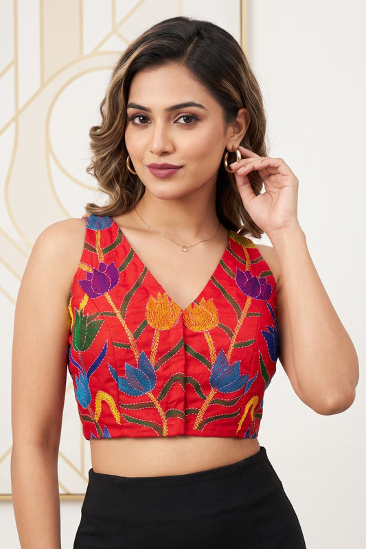 Miss Kantha Energy – Multicolor Kantha Stitch Halter Neck Blouse