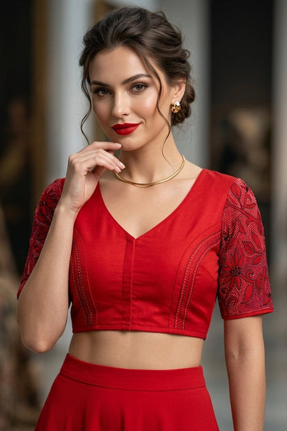 Red Reverse Kantha Handwork Blouse