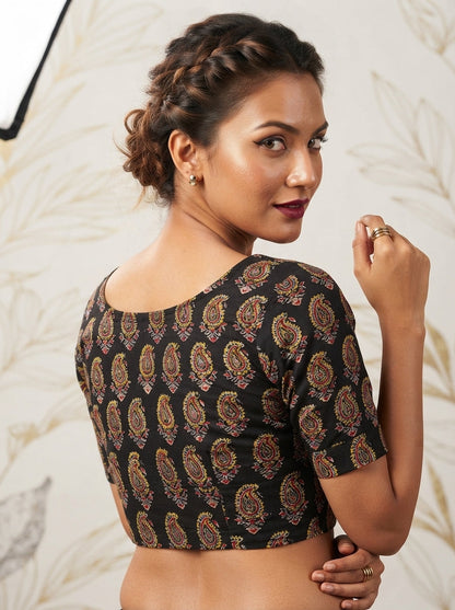 Divine Desire Ajrakh Printed Kantha Embroidered Cotton Blouse
