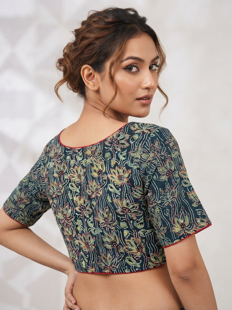 Divine Desire Ajrakh Printed Kantha Embroidered Cotton Blouse