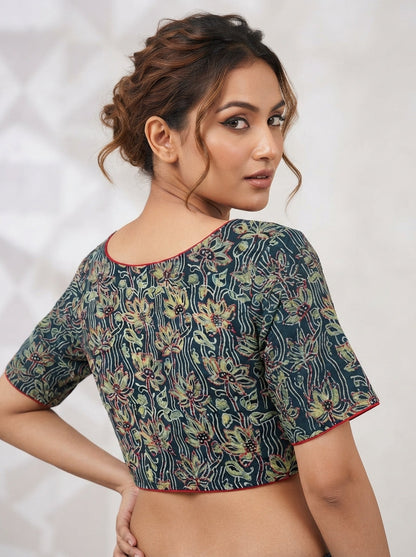 Divine Desire Ajrakh Printed Kantha Embroidered Cotton Blouse