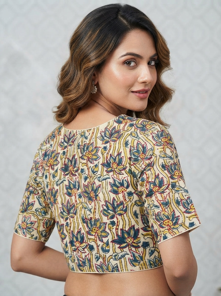 Divine Desire Ajrakh Printed Kantha Embroidered Cotton Blouse