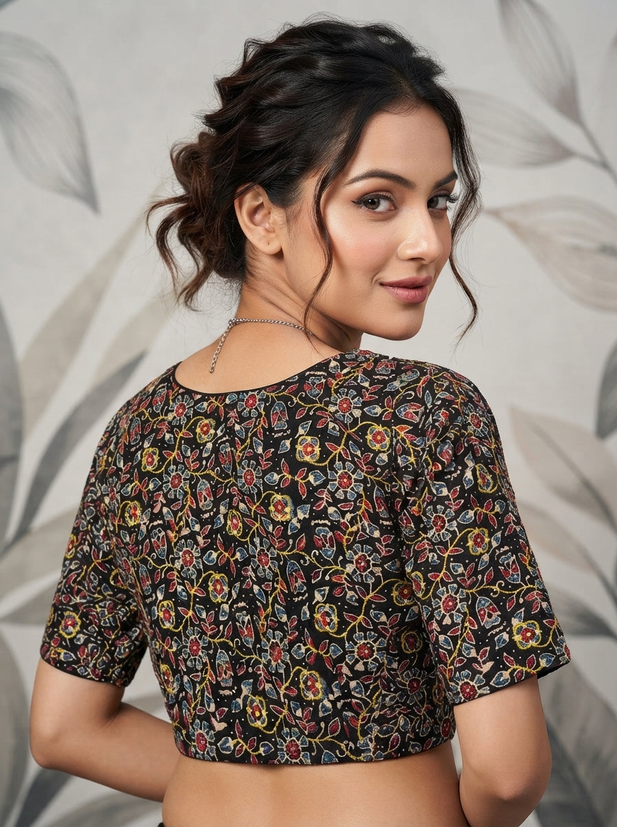 Divine Desire Ajrakh Printed Kantha Embroidered Cotton Blouse