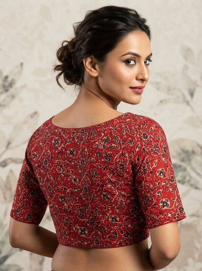 Divine Desire Ajrakh Printed Kantha Embroidered Cotton Blouse