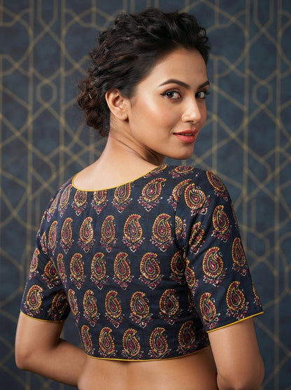 Divine Desire Ajrakh Printed Kantha Embroidered Cotton Blouse