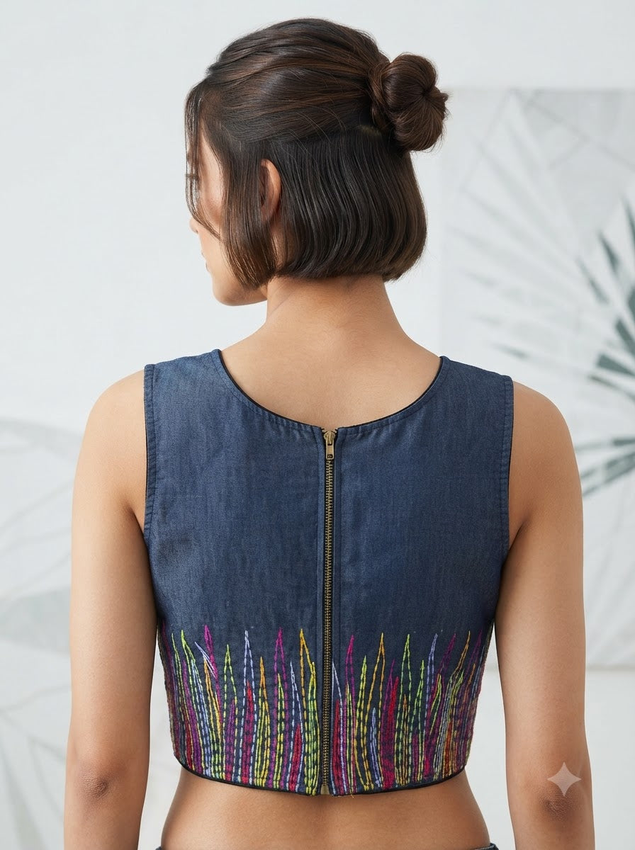 Sizzling Glam Denim Embroidered Blouse With Chain