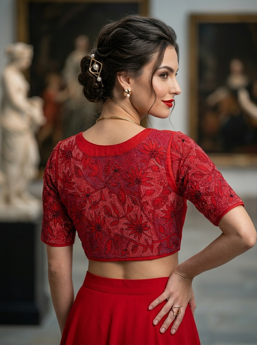 Red Reverse Kantha Handwork Blouse