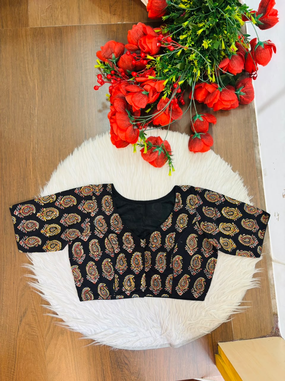 Divine Desire Ajrakh Printed Kantha Embroidered Cotton Blouse