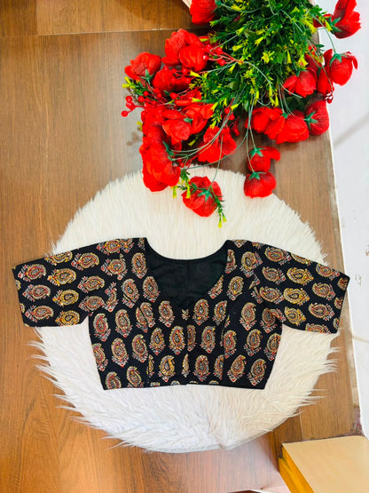 Divine Desire Ajrakh Printed Kantha Embroidered Cotton Blouse