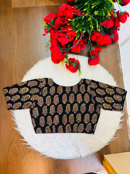 Divine Desire Ajrakh Printed Kantha Embroidered Cotton Blouse
