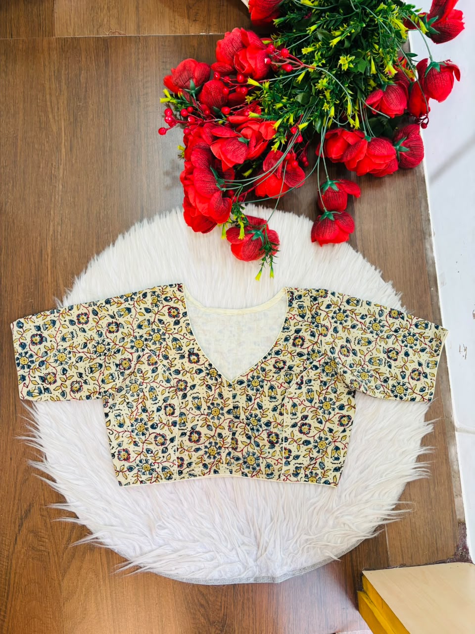 Divine Desire Ajrakh Printed Kantha Embroidered Cotton Blouse