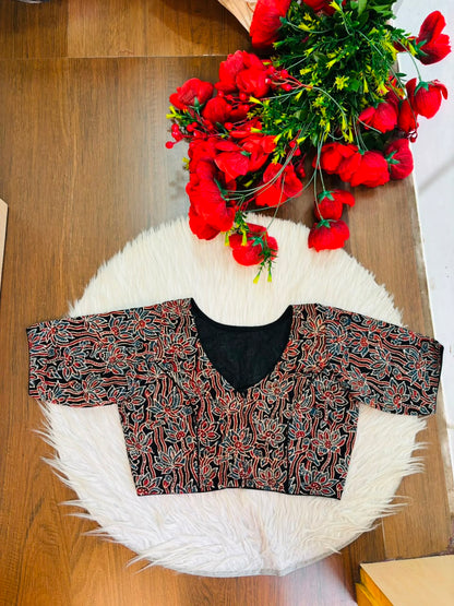 Divine Desire Ajrakh Printed Kantha Embroidered Cotton Blouse