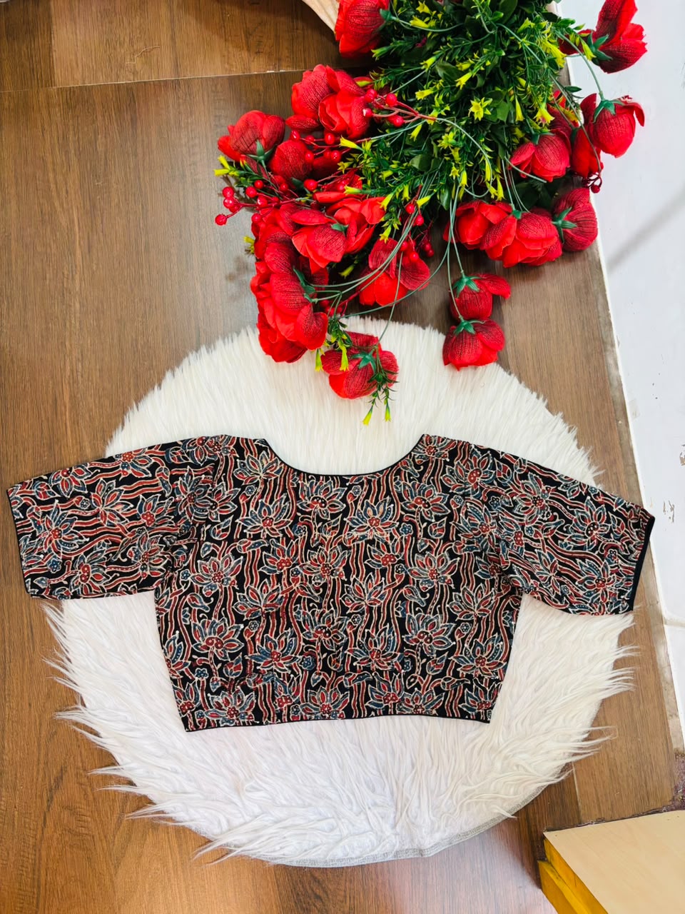 Divine Desire Ajrakh Printed Kantha Embroidered Cotton Blouse