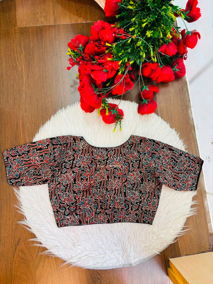 Divine Desire Ajrakh Printed Kantha Embroidered Cotton Blouse