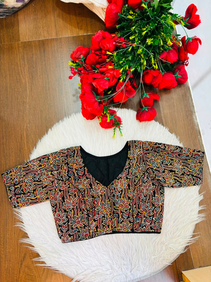 Divine Desire Ajrakh Printed Kantha Embroidered Cotton Blouse