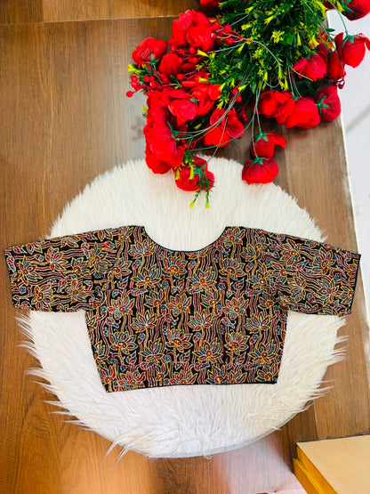 Divine Desire Ajrakh Printed Kantha Embroidered Cotton Blouse