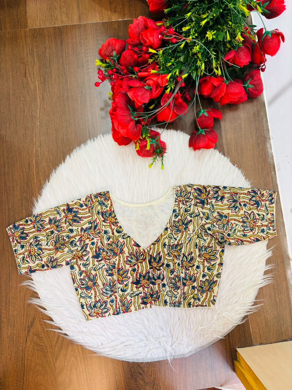 Divine Desire Ajrakh Printed Kantha Embroidered Cotton Blouse