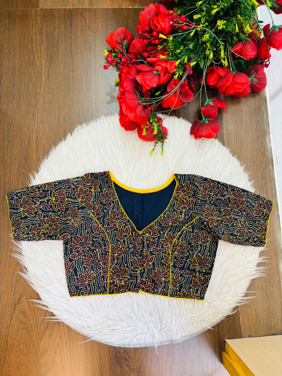 Divine Desire Ajrakh Printed Kantha Embroidered Cotton Blouse