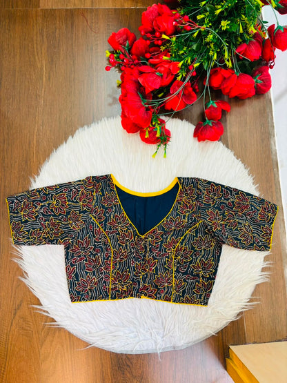 Divine Desire Ajrakh Printed Kantha Embroidered Cotton Blouse