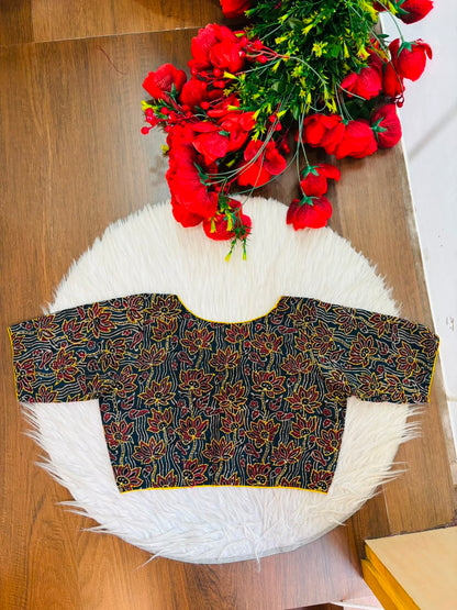 Divine Desire Ajrakh Printed Kantha Embroidered Cotton Blouse