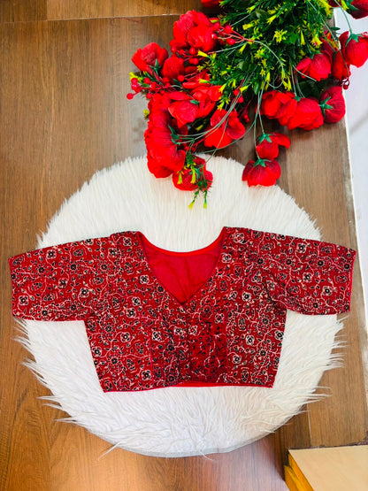 Divine Desire Ajrakh Printed Kantha Embroidered Cotton Blouse