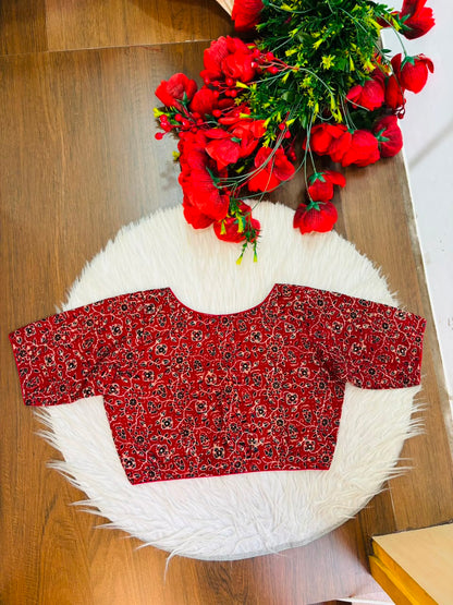 Divine Desire Ajrakh Printed Kantha Embroidered Cotton Blouse