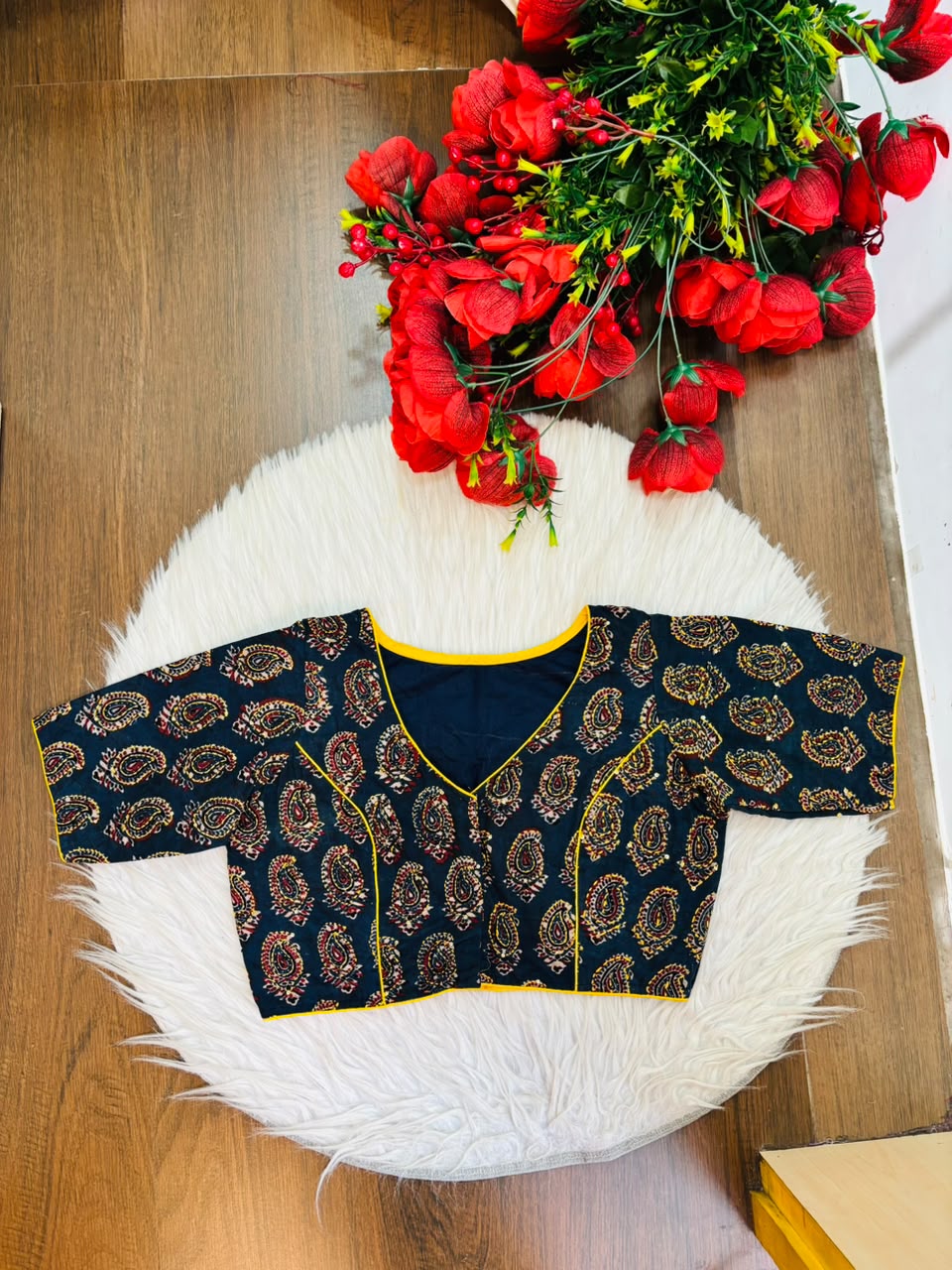 Divine Desire Ajrakh Printed Kantha Embroidered Cotton Blouse