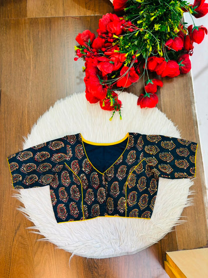 Divine Desire Ajrakh Printed Kantha Embroidered Cotton Blouse