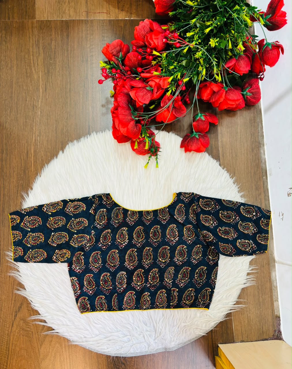 Divine Desire Ajrakh Printed Kantha Embroidered Cotton Blouse
