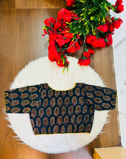 Divine Desire Ajrakh Printed Kantha Embroidered Cotton Blouse