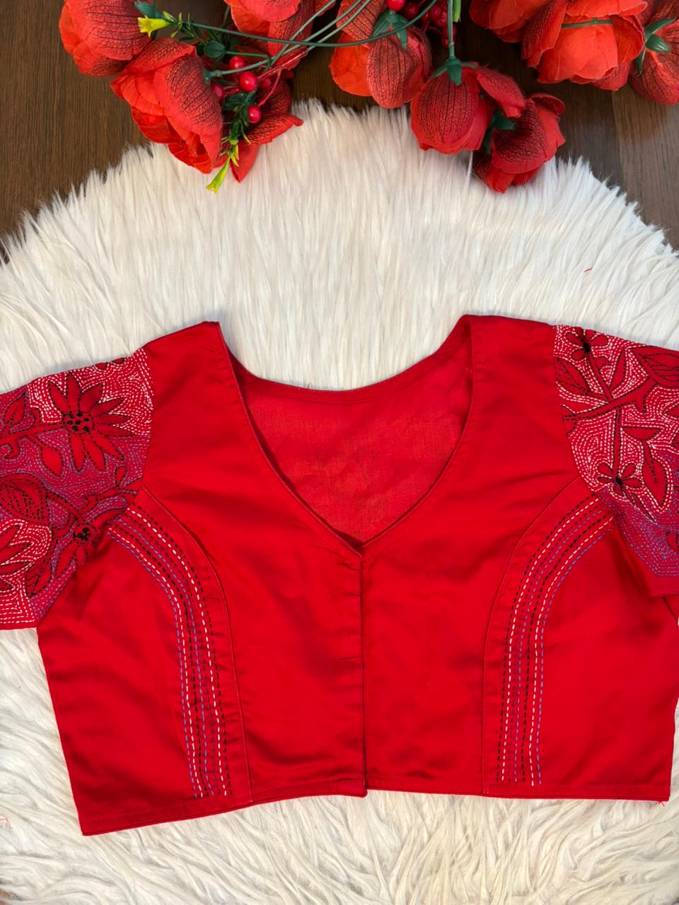 Red Reverse Kantha Handwork Blouse