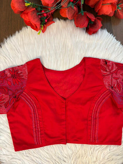 Red Reverse Kantha Handwork Blouse