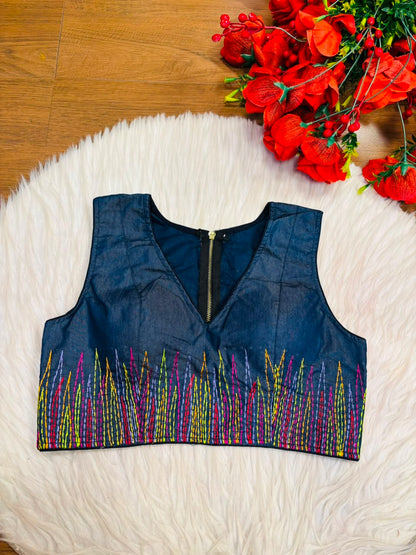 Sizzling Glam Denim Embroidered Blouse With Chain