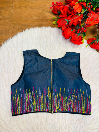 Sizzling Glam Denim Embroidered Blouse With Chain