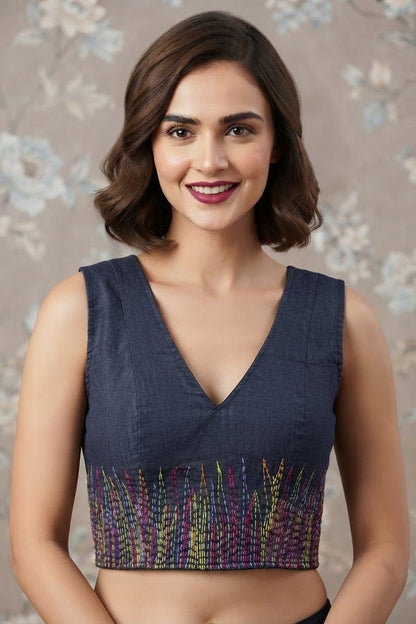 Sizzling Glam Denim Embroidered Blouse With Chain