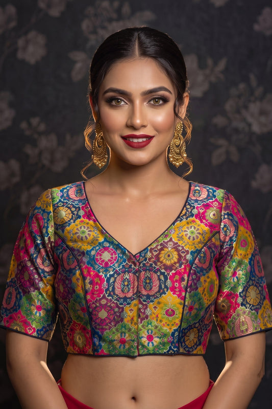 Crown on Repeat – Meenakari Katan Silk Banarasi Designer Blouse